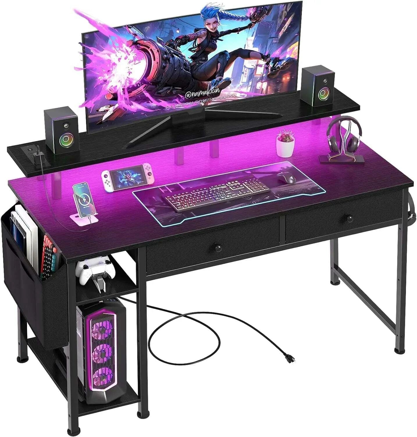 39-inch-gaming-desk-with-shelves-drawers-power-outlet-led-lights---sturdy-black-design-for-home-officekimludkimlud-35572130