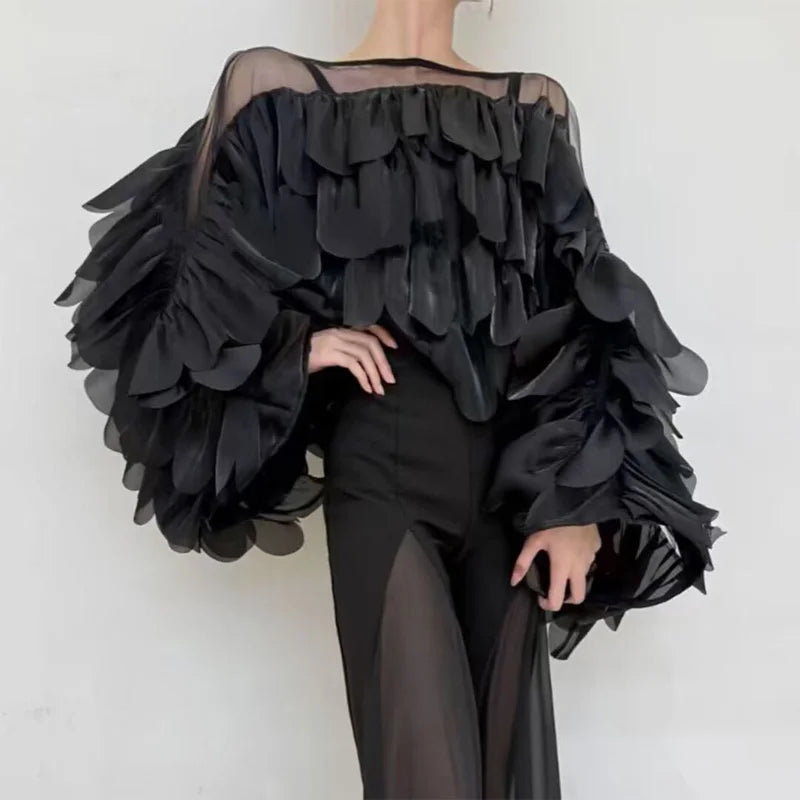 Women Blouse Light Luxury Summer Shirt For Lady Round Neck Full Sleeves Spliced Flounced Edge Mesh Irregular Hem Loose Tops Tide