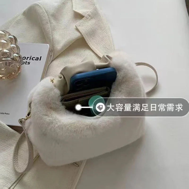 New Fashion Women Lady Shoulder Underarm Bag Solid Color Soft Plush Handbag Fluffy Totes Purse Autumn Winter Shopping Bag