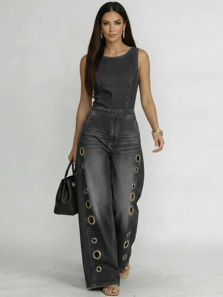 Denim Jumpsuit Eyelet Wide-Leg Pockets — Denim Blue | KIMLUD