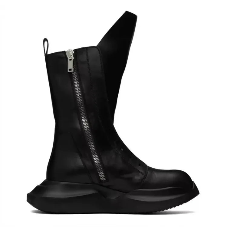 Gothic Men Thick Platform Mid Calf Boots Height Increasing Cowhide Genuine Leather Sneakers Man High Top Moto Biker Safety Shoes