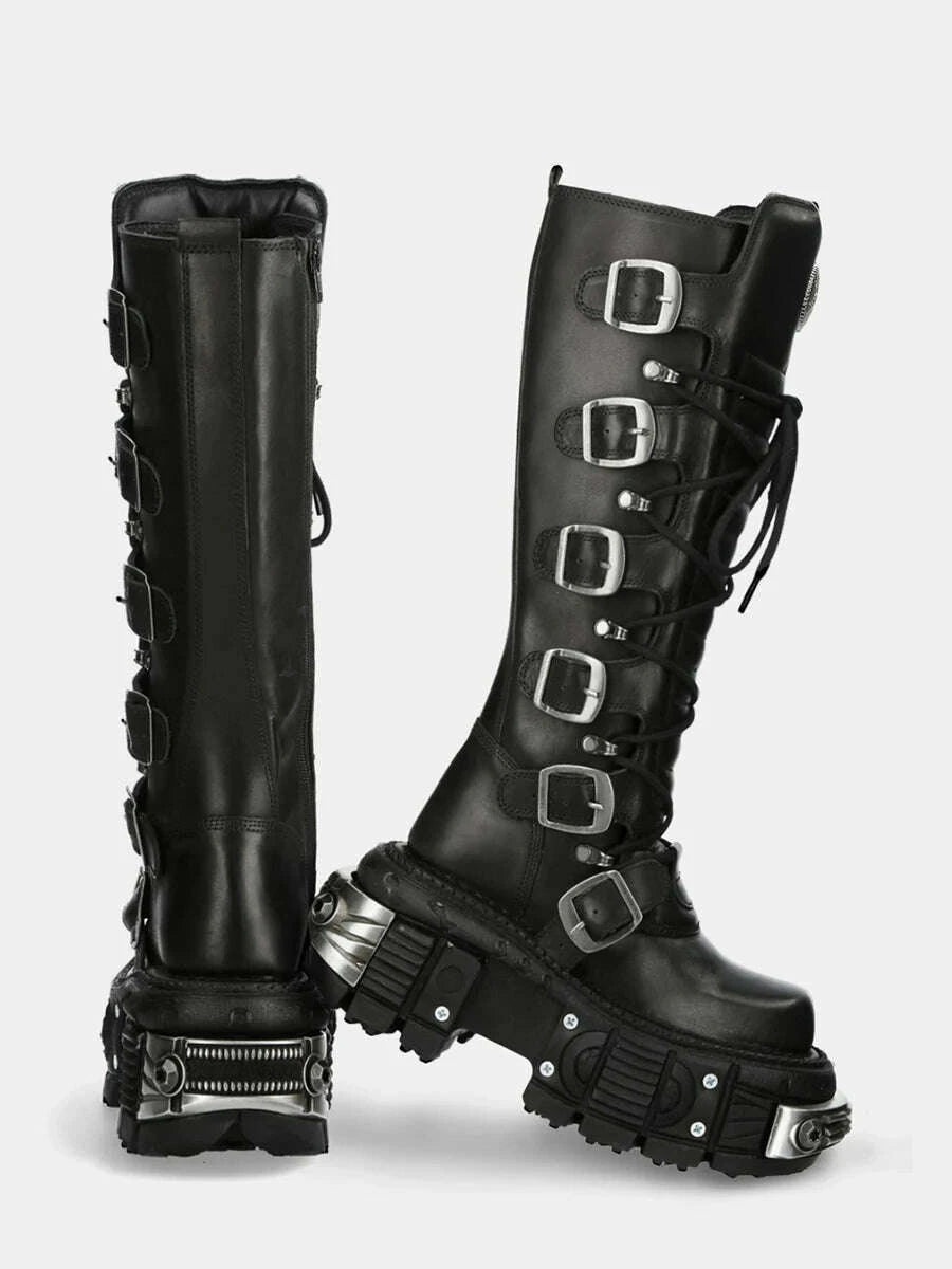KIMLUD, Metal Buckle Square Toe Knee High Boots Women Black PU Leather Punk Long Boots Woman Autumn 2024 Chunky Heels Motorcycle Booties, KIMLUD Womens Clothes
