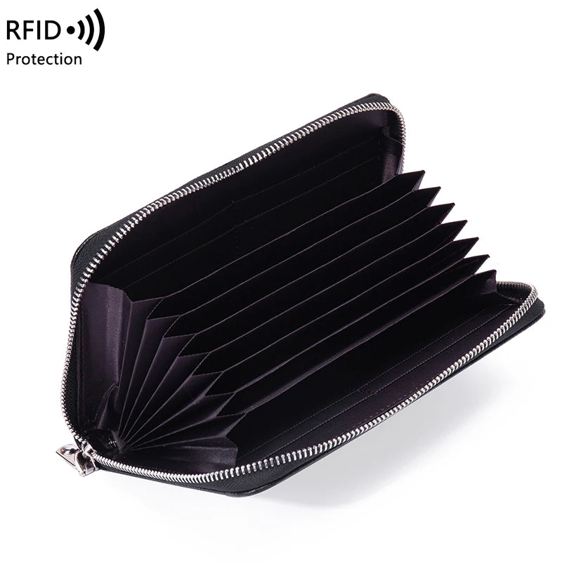 RFID Anti-Theft Cowhide Leather Wallet — Long Passbook Card Slots Black | KIMLUD