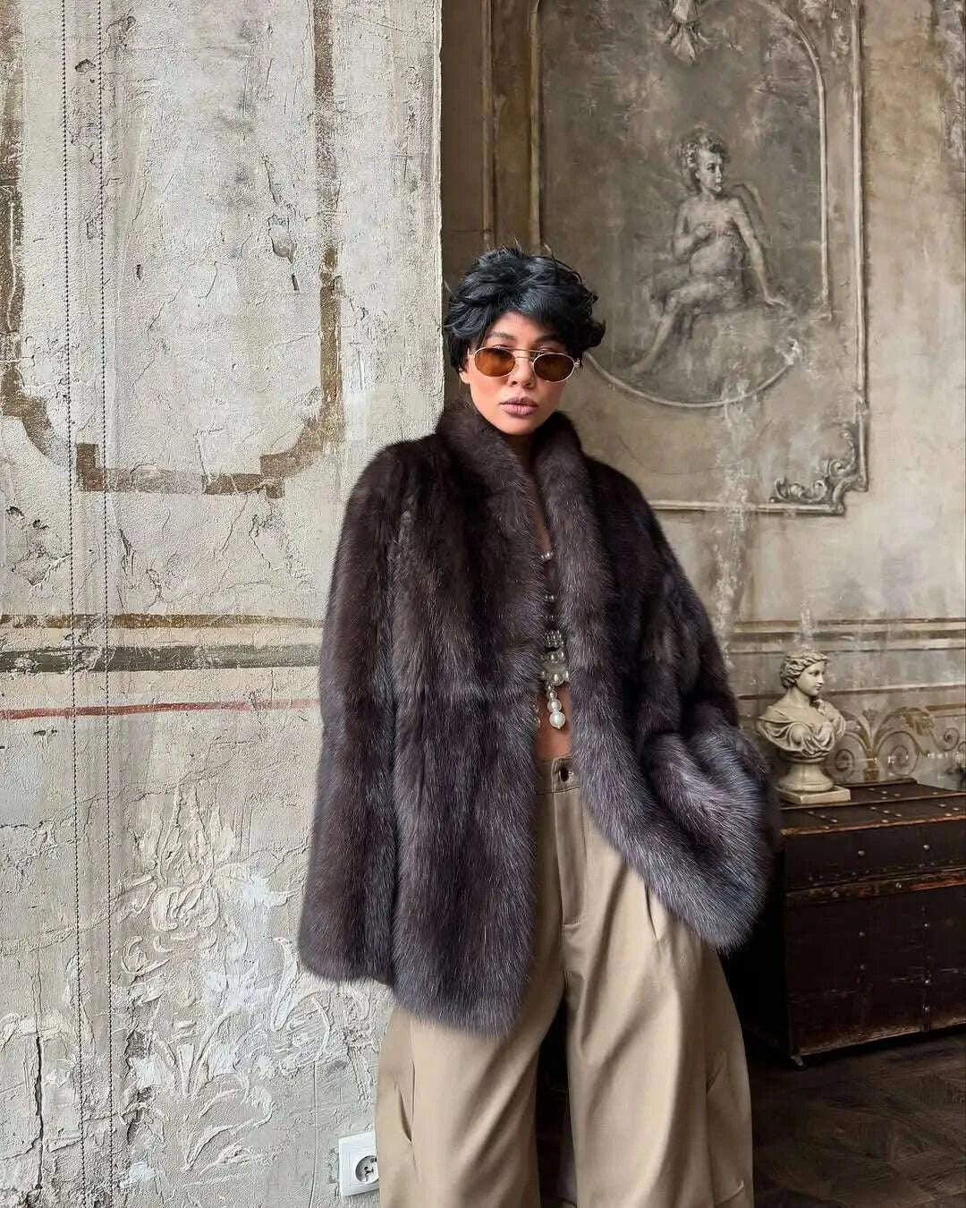 KIMLUD, Brown Medium-length Fur Coat Women Lapel Hidden Button Loose Elegant Outerwear 2025 Fashion Office lady commute Overcoat New, KIMLUD Womens Clothes