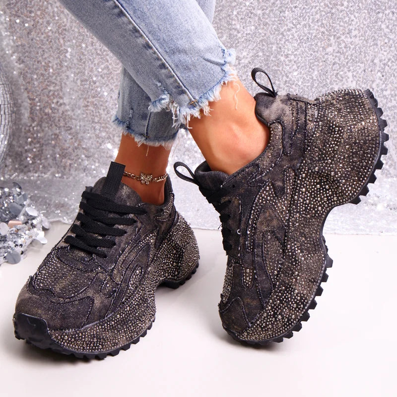Women's Sneakers – Crystal Embellished Platform – PU Insole | KIMLUD