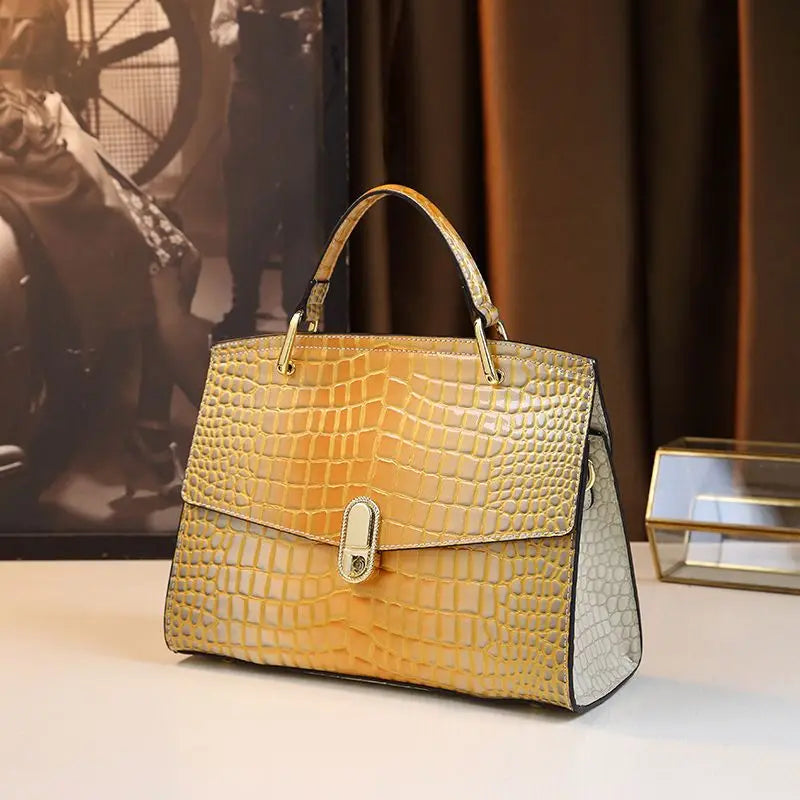 Genuine Leather Crocodile Print Handbag — Black | KIMLUD