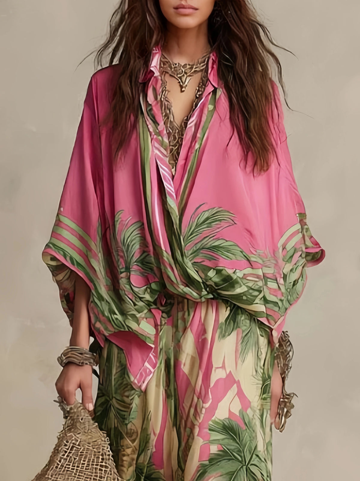 Two Piece Set Batwing Shirt and Wide Leg Trousers Broadcloth | KIMLUD