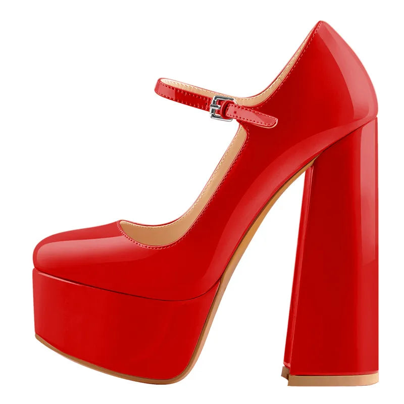 Red high-heeled platform shoe on a white background