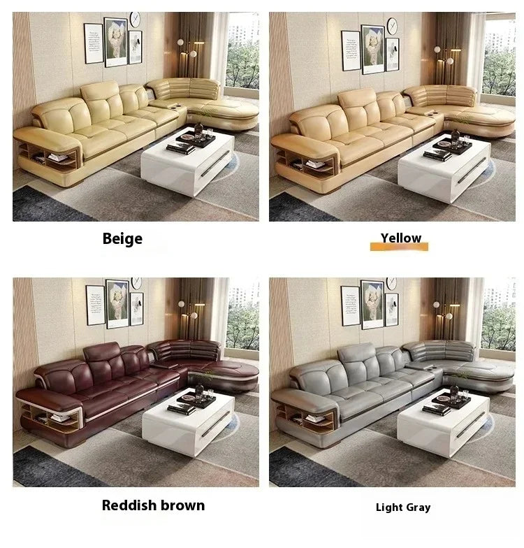Genuine Leather Solid L-Shaped Sofa — Black | KIMLUD