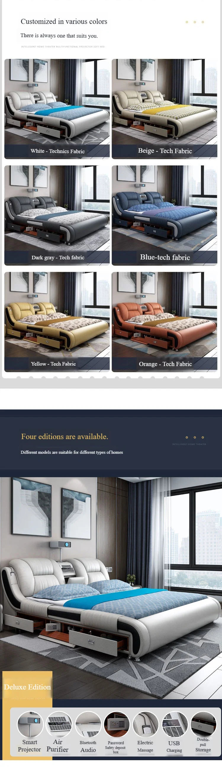 Genuine Leather Upholstered King Size Bed With Massage — Custom Color | KIMLUD