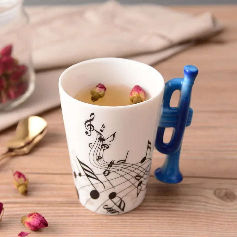 Bone China Mug With Music Note Motif And Delicate Guitar Handle — White | KIMLUD