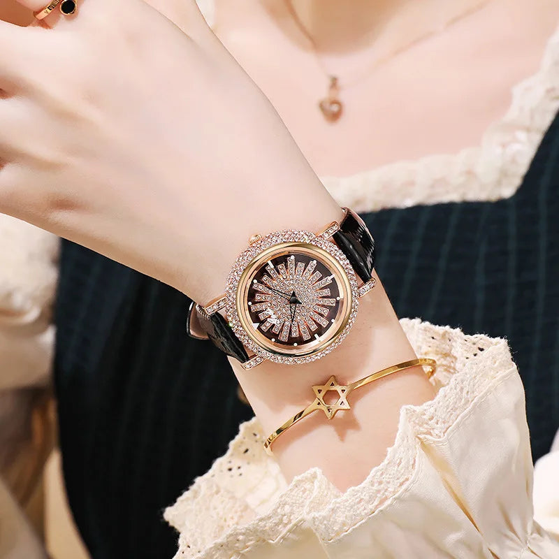Genuine Leather Diamond Set Watch — Black | KIMLUD