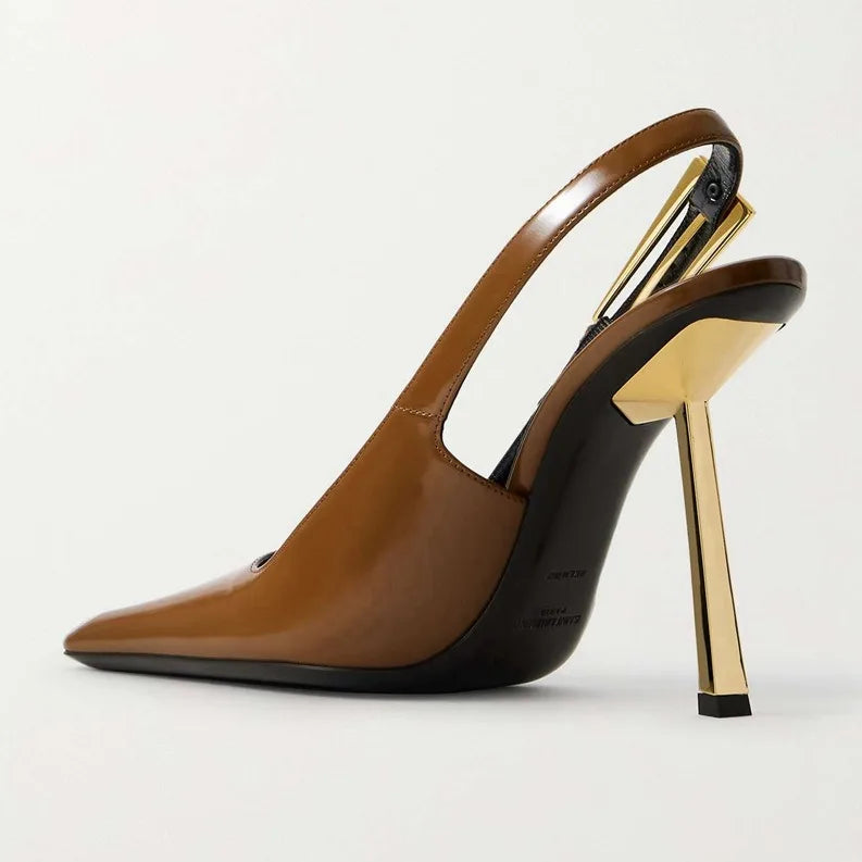 2024 New Summer French Pointed Patent Leather Fine Heel Overhead Sandals for Women Retro Skinny Heel Shoes