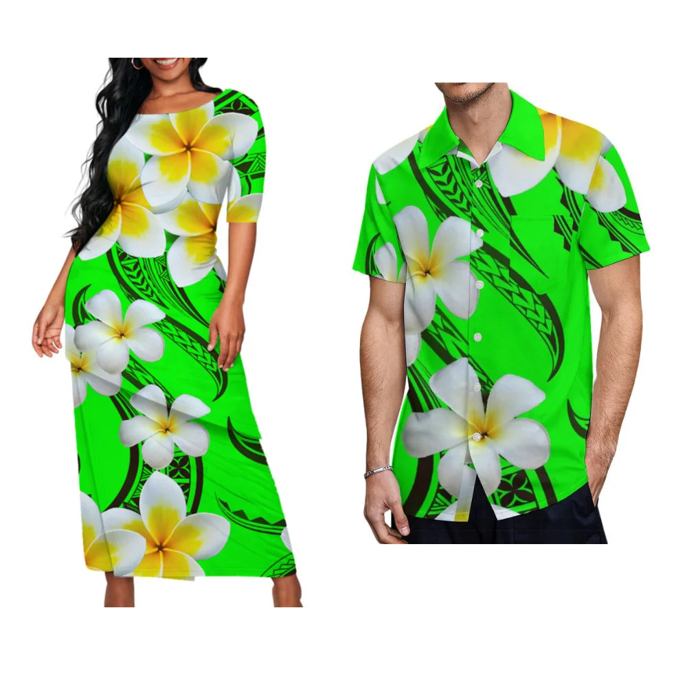 Polynesian Floral Puletasi Set Dress Diagonal Design — Red | KIMLUD