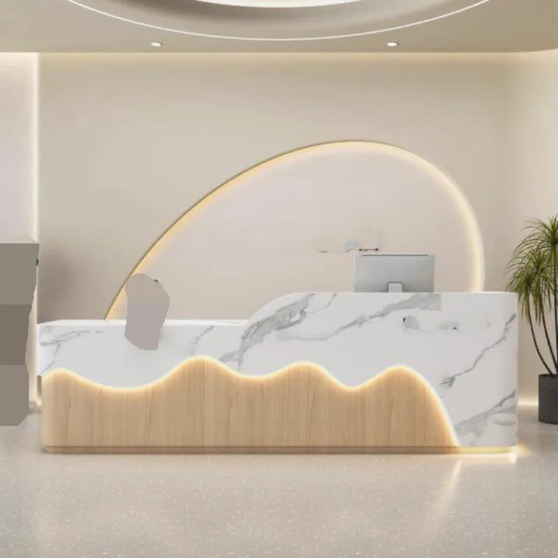 Wood-Based Panel Reception Desk Executive Curved Front With Integrated Shelving And Matte Finish — White | KIMLUD