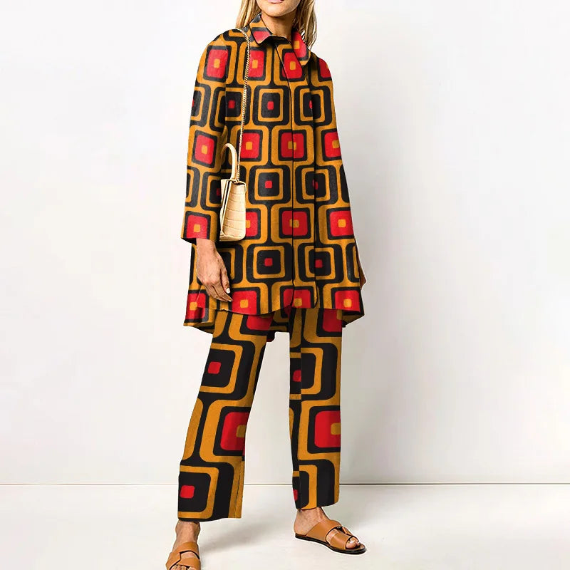 Two Piece Set – Loose Vintage Printed – Synthetic Fiber – Wide Leg | KIMLUD