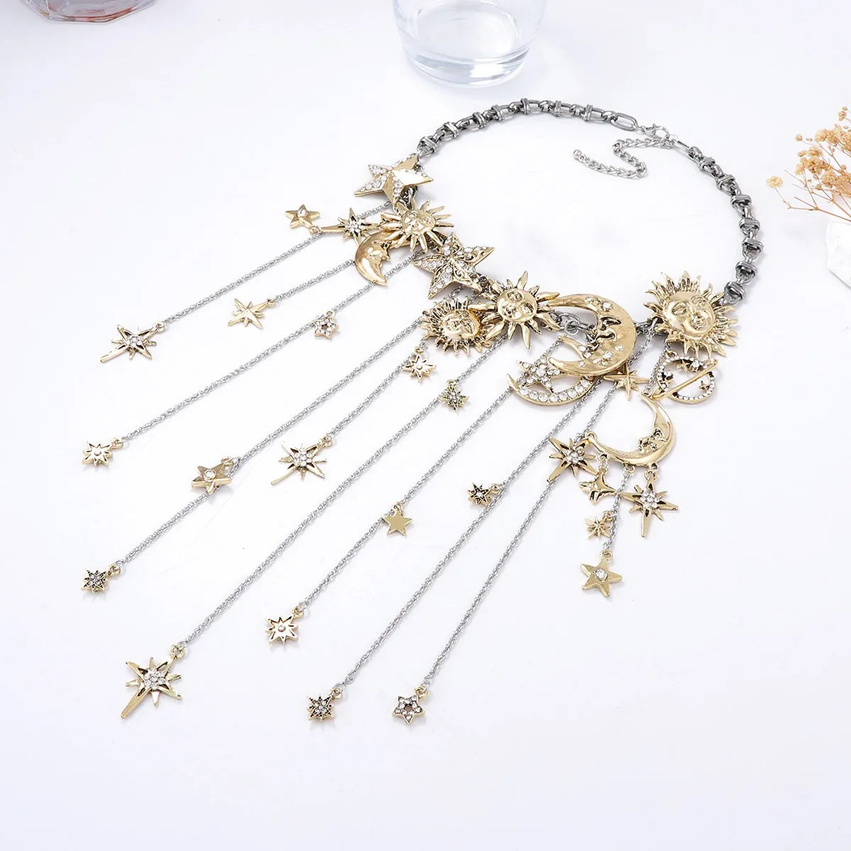 Necklace – Retro Stars Moon Tassels – Zinc Alloy | KIMLUD