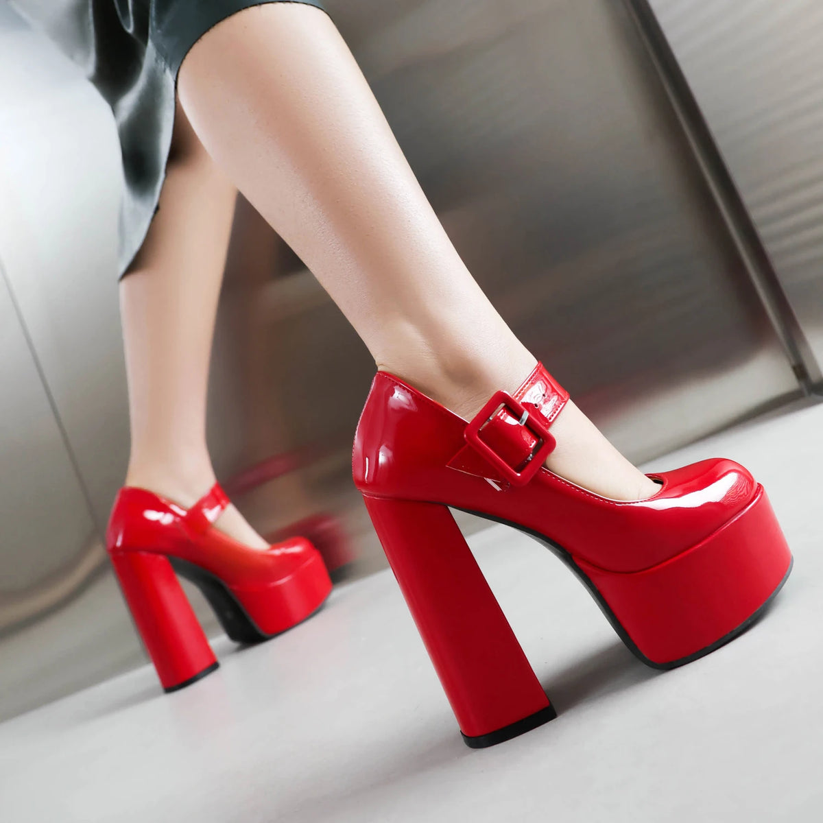 Mary Jane Platform Pumps – Buckle Strap – PU – Red | KIMLUD