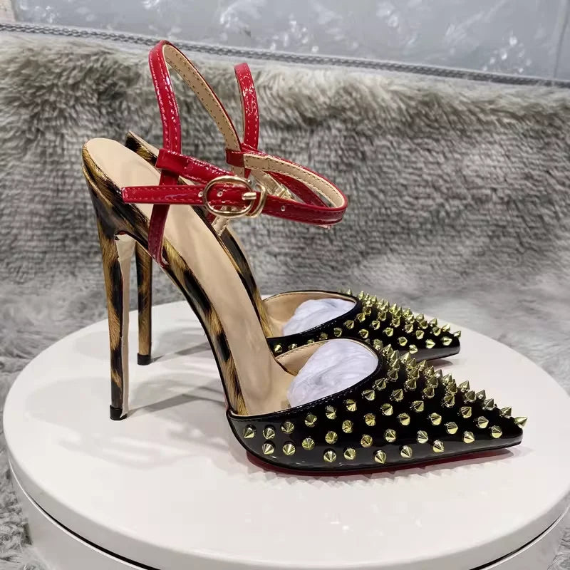 Stiletto Sandals - 12cm Heel - Pointed Toe - Leopard Print | KIMLUD