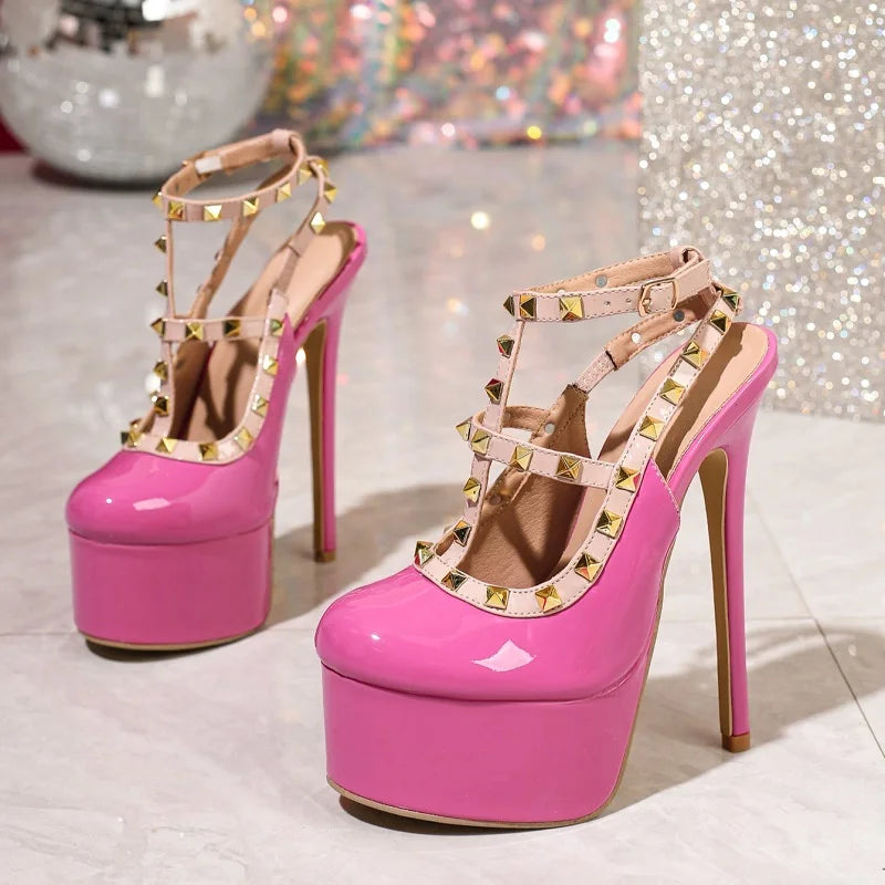 Stiletto Pumps – Buckle Strap – Patent Peather – Rose Red | KIMLUD