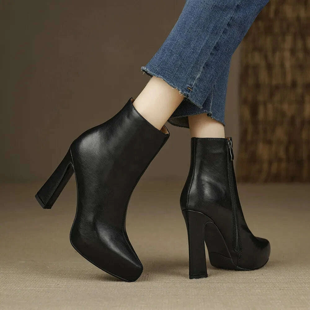 KIMLUD, MILI-MIYA New Arrival Middle Splicing Women Cow Leather Ankle Boots Pointed Toe Thick Heels Zippers Solid Color Handmade, KIMLUD Womens Clothes
