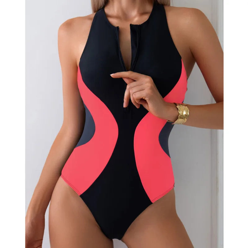 Polyamide One Piece Swimsuit Neon Patchwork Panels — Black Neon Pink | KIMLUD