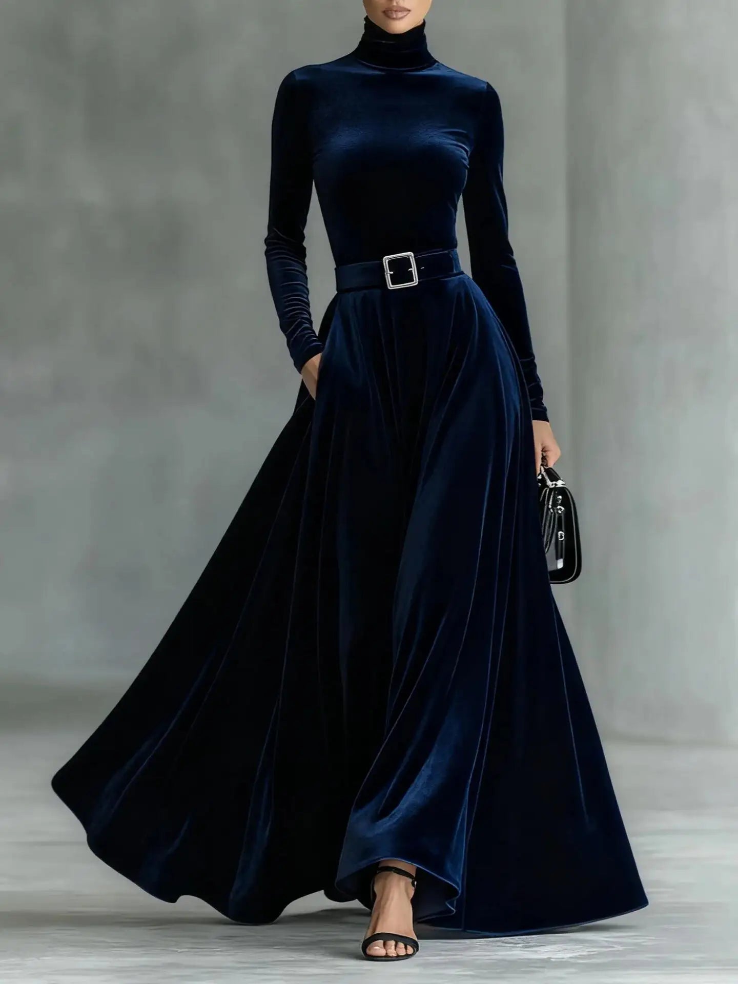 Velvet High Collar Evening Gown Mid-Waist Draped Skirt — Black | KIMLUD