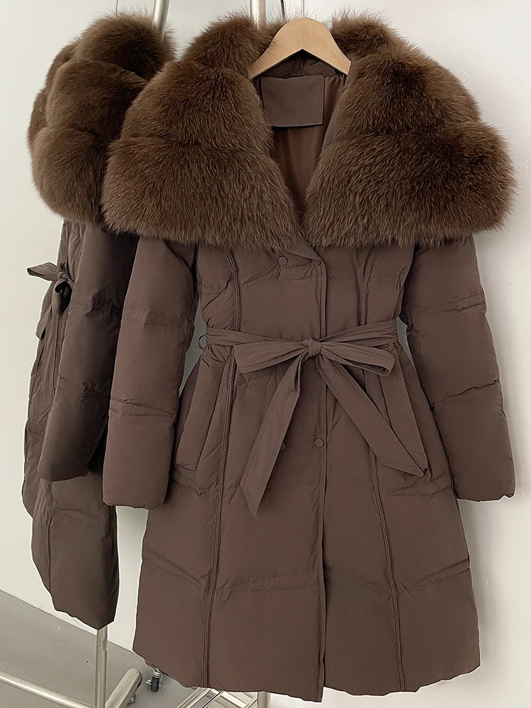 Long Real Fox Fur Collar Down Coat — Natural | KIMLUD