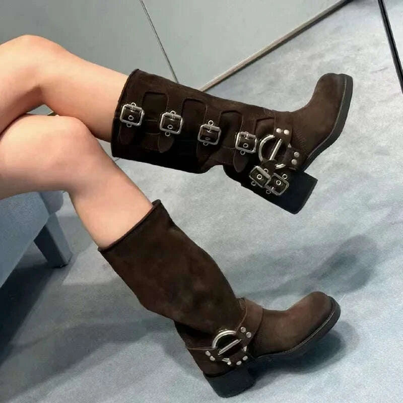 KIMLUD, Punk Woman Clasp Buckle Brown suede Knee Boots Side Metal Buckles Motorcycle Boots Women Square Toe Lady Ridding Boots, KIMLUD Womens Clothes