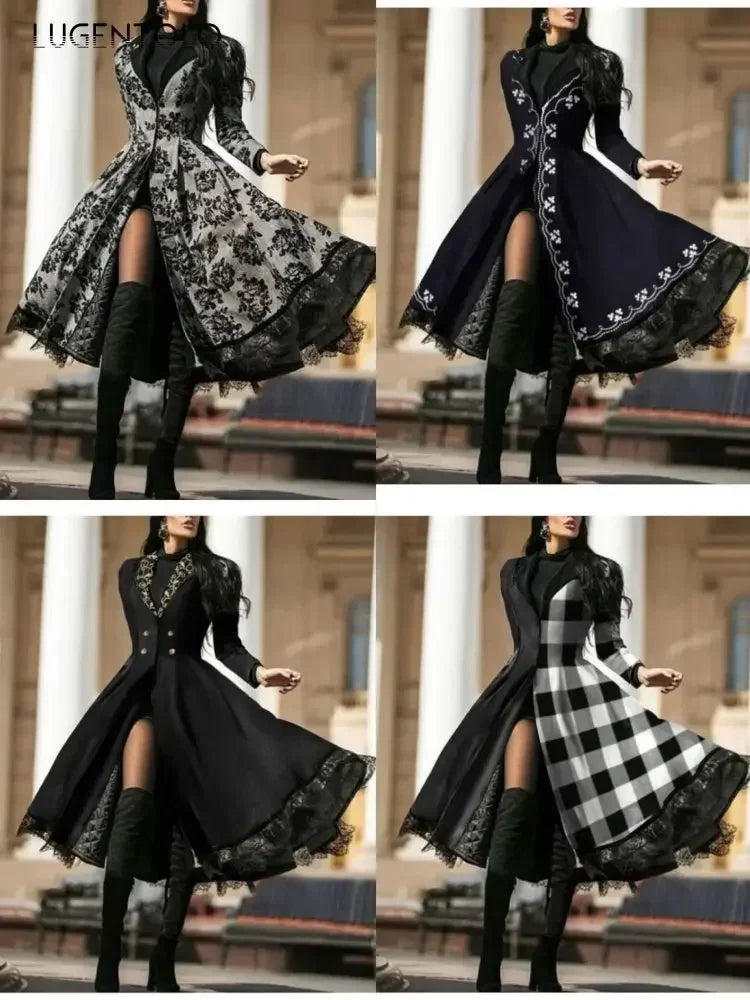 Women Vintage Party Trench Long Sleeve Autumn Splicing Lace Button Coat Female Casual Big Swing Fashion Jackets