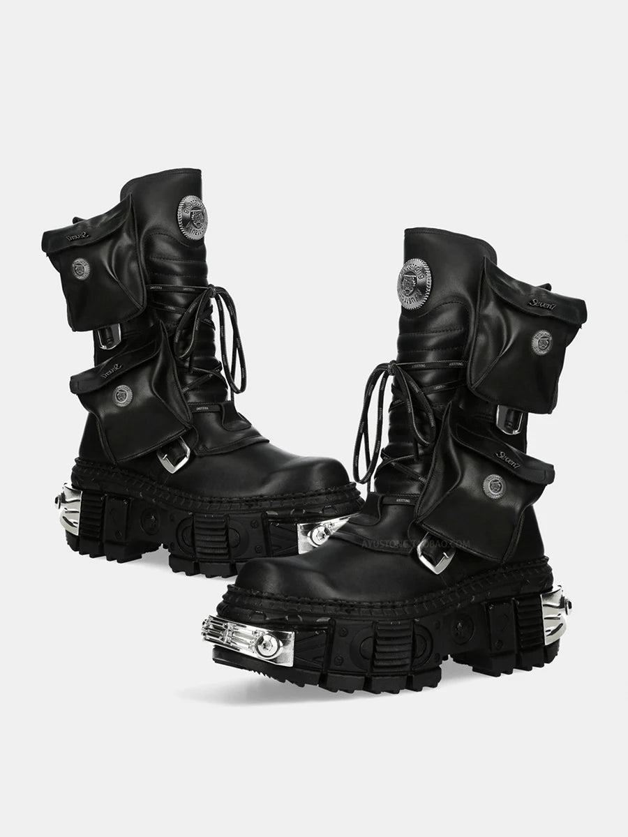2024 New Punk Women Platform Ankle Boots Female's Rock Round Toe Lace Up Fashion Retro Chunky Shoes Metal Decor Short Boots