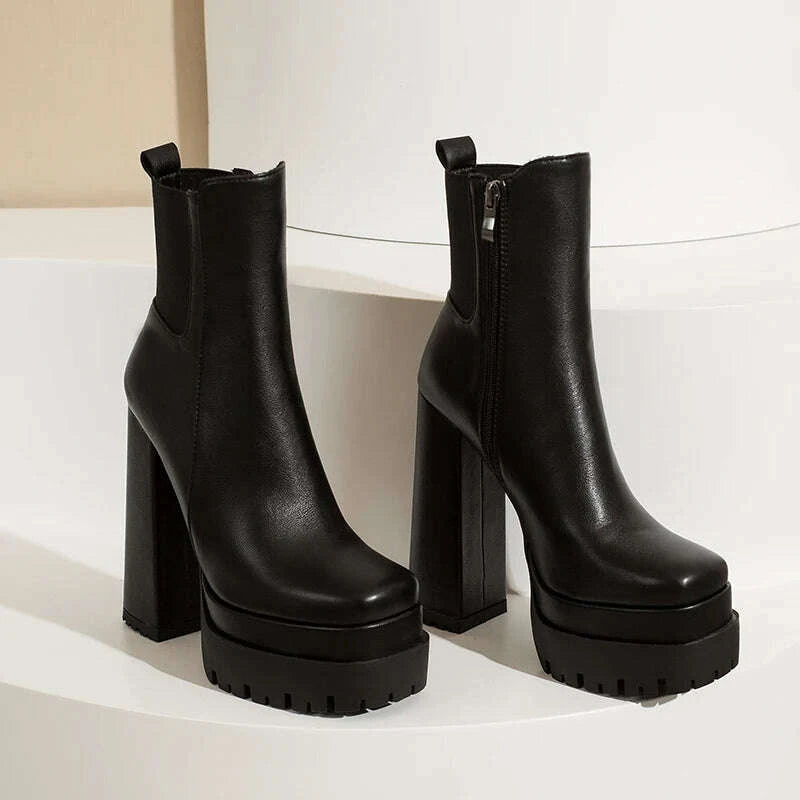 KIMLUD, Women's Ankle Boots Platform Trends Black Short Boot Winter Autumn Leather Gothic Punk Heels Party Shoes Lady Large Size 45, KIMLUD Womens Clothes