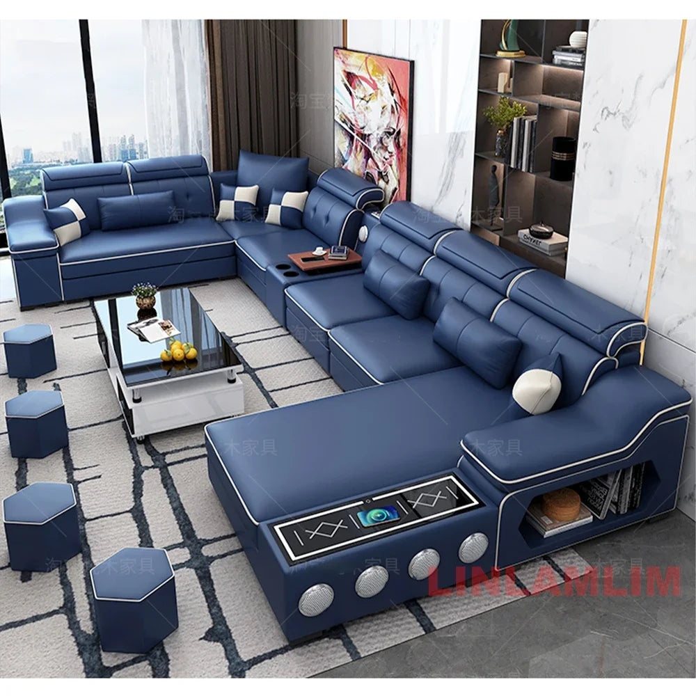 Linlamlim Modern Scientific Fabric Sectional Sofa Set with Chaise Lounge, Bluetooth Speakers, USB Charging Ports for Living Room