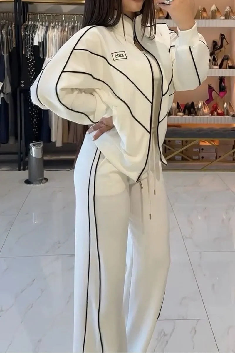 Polyester-Blend Knit Two-Piece Set With Black Piping Zip Sweatshirt And Long Pant — White | KIMLUD