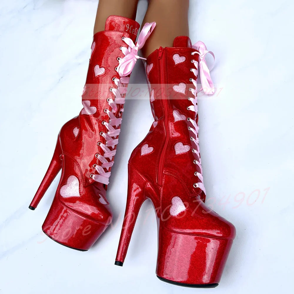 Mid Calf Boots - Glitter Heart Cutouts - Platform - Pink | KIMLUD