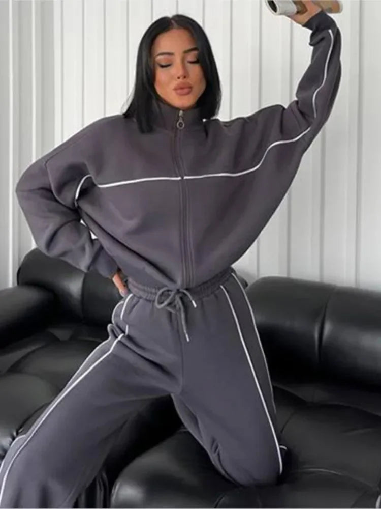Polyester Two-Piece Set Zipper Coat With Wide-Leg Pants — Charcoal Gray | KIMLUD