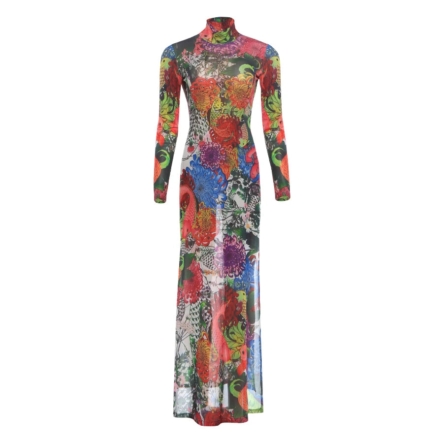 Kliou Colorful Flower Print Extended T-Shirts Woman o-Neck Full Sleeve High Waist Splits Hem Spring Trend Elegant Streetwear