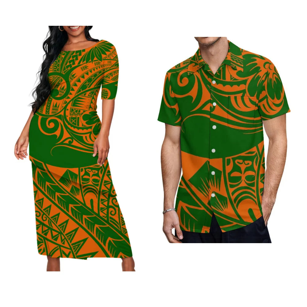 Polynesian Floral Puletasi Set Dress Diagonal Design — Red | KIMLUD