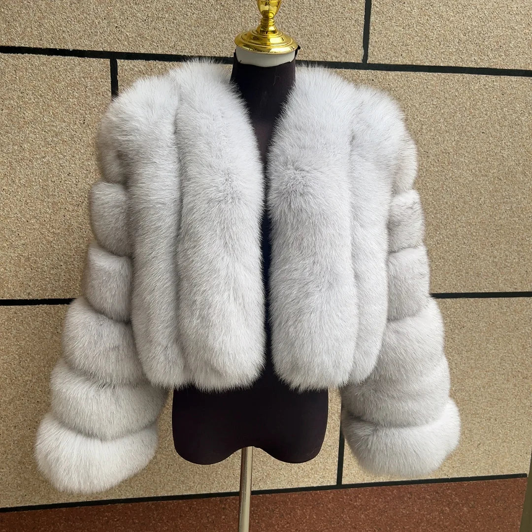 Women's fur coat, real fox skin vertical jacket, natural fox skin short clothing, long sleeved women's coat