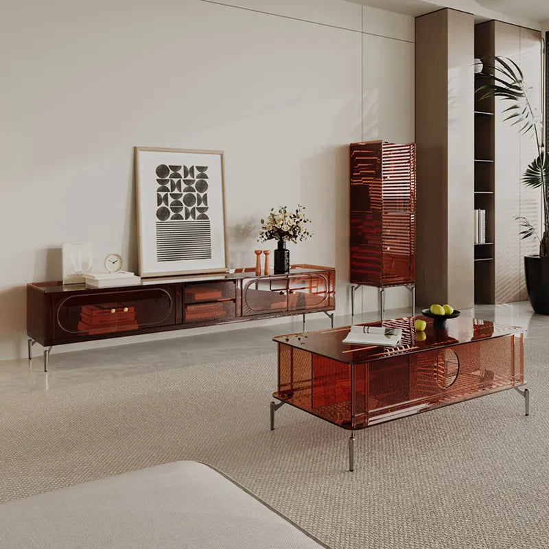 Multifunctional Modern TV Stand With Drawers And Cabinets — Amber Brown | KIMLUD