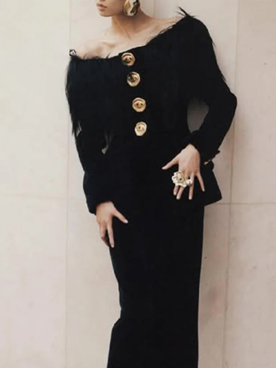 Sculpted Faux Fur Patchwork Slash-Neck Gold-Button Jacket — Black | KIMLUD