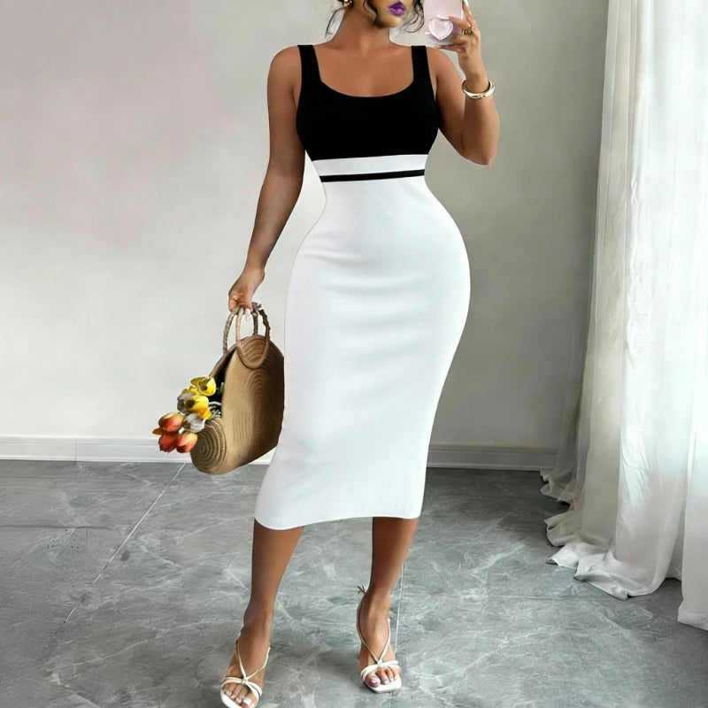 Knit Midi Dress Patchwork Square Neck — White and Black | KIMLUD