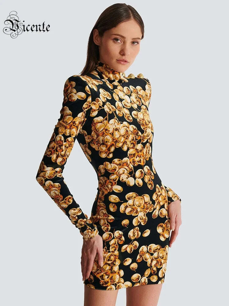 KIMLUD, VC Grape Printed Gold Velvet Turtleneck Slim Mini Dress Women Button Design Long Sleeves Celebrity Cocktail Club Party Dress, KIMLUD Womens Clothes