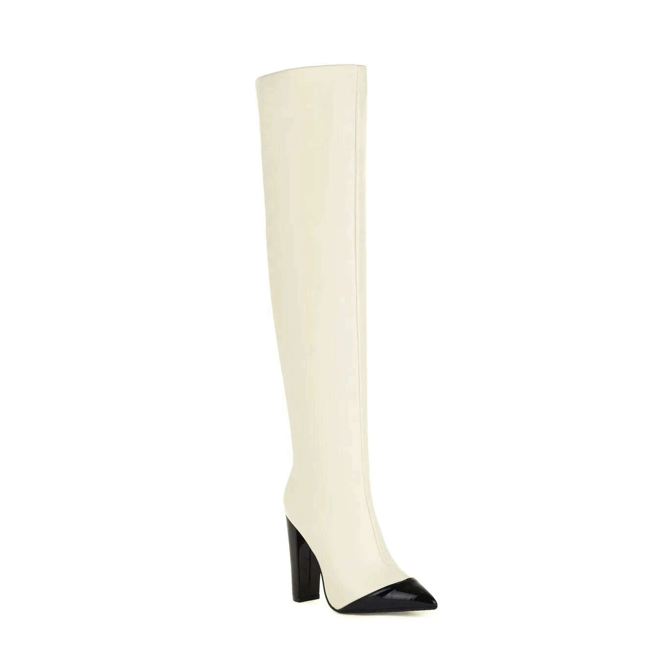 KIMLUD, Patchwork Pointed Toe Wrinkle Knee High Boots Block High Heels Fashion Leather Casual Boot Unique Sexy Lady Party Dress Shoes, KIMLUD Womens Clothes