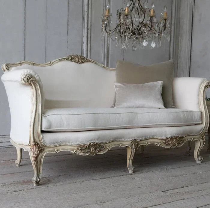 Velvet Sofa Three-Seat Carved Wood — Ivory | KIMLUD