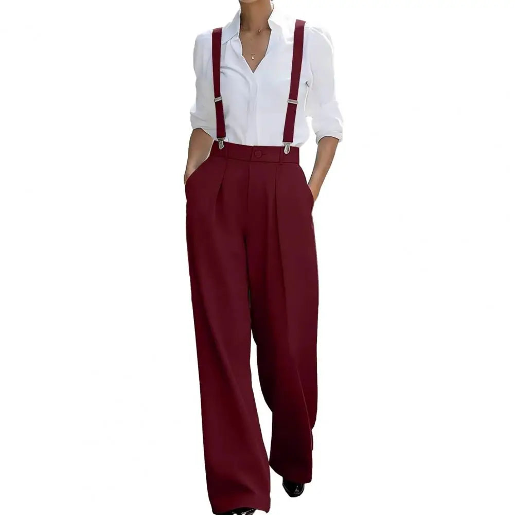 Wide Leg Suspender Trousers With Detachable Gray Straps — Black | KIMLUD