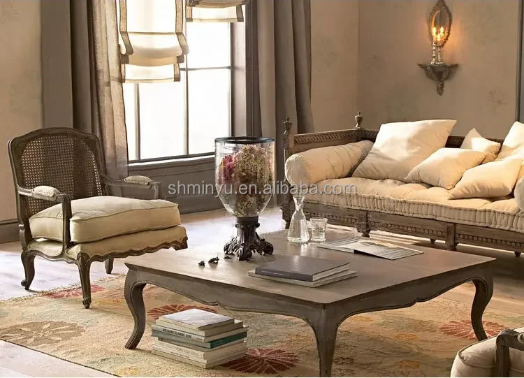 French farmhouse antique wooden armchair lounge living room furniture with stool accent chair