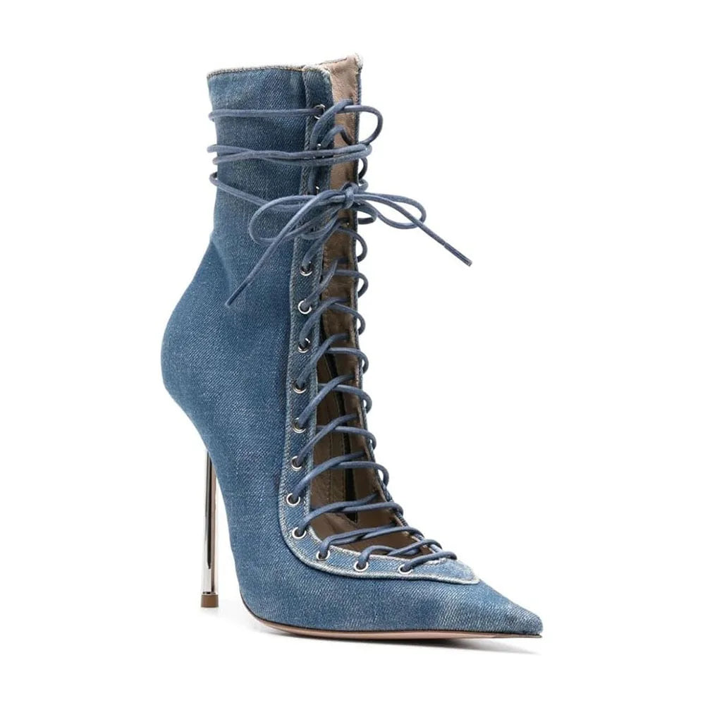 Mesh Leopard Cross Tie Knee-High Boots — Gray | KIMLUD