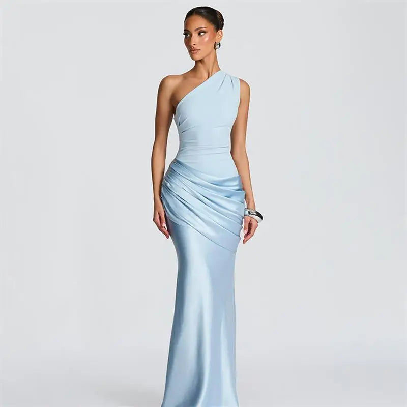 Skew-Collar Long Dress High-Waist — Light Blue | KIMLUD