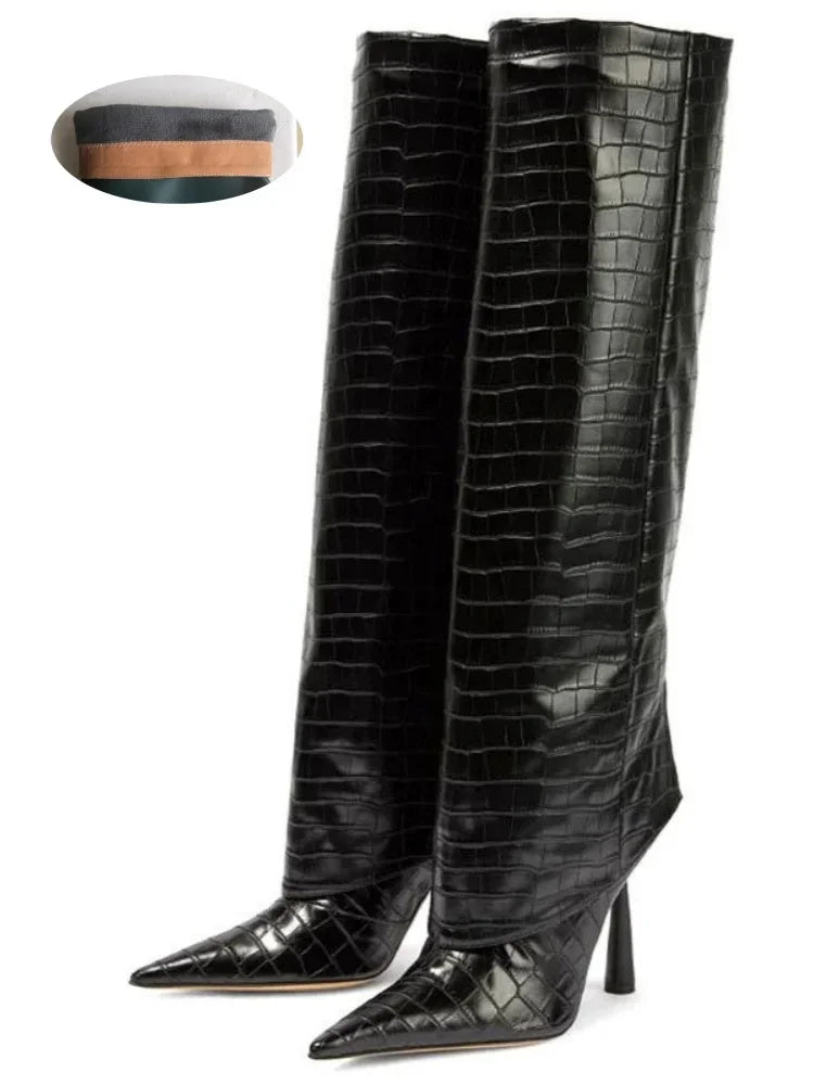 Women's Fashion Retro Stone Pattern Pointed Sleeve Skirt Boots European and American High End Loose Pants Banquet Boots